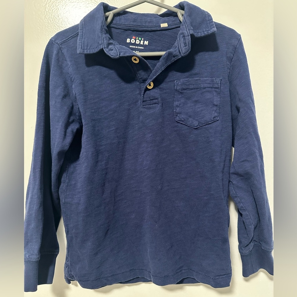 Mini Boden Kids Navy Long Sleeve Polo in size 6/7
